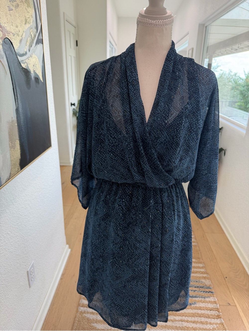 lovestitch Navy Textured Mini Wrap Dress Fully Lined Size Small Bohemian
